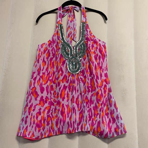Boston Proper Women’s Top Small Halter Sequin Beaded Flowy Abstract Feminine - Picture 1 of 8